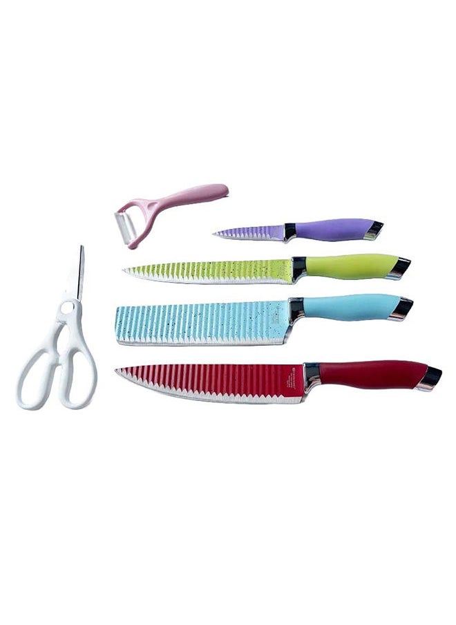 VIO 6 Piece Kitchen Knife Set for Home and Professional Use HighGrade Stainless Steel Chef Knives Santoku Utility Paring Knife Vegetable Peeler Multifunctional Scissors with Comfortable Grip Handles  - Image 1