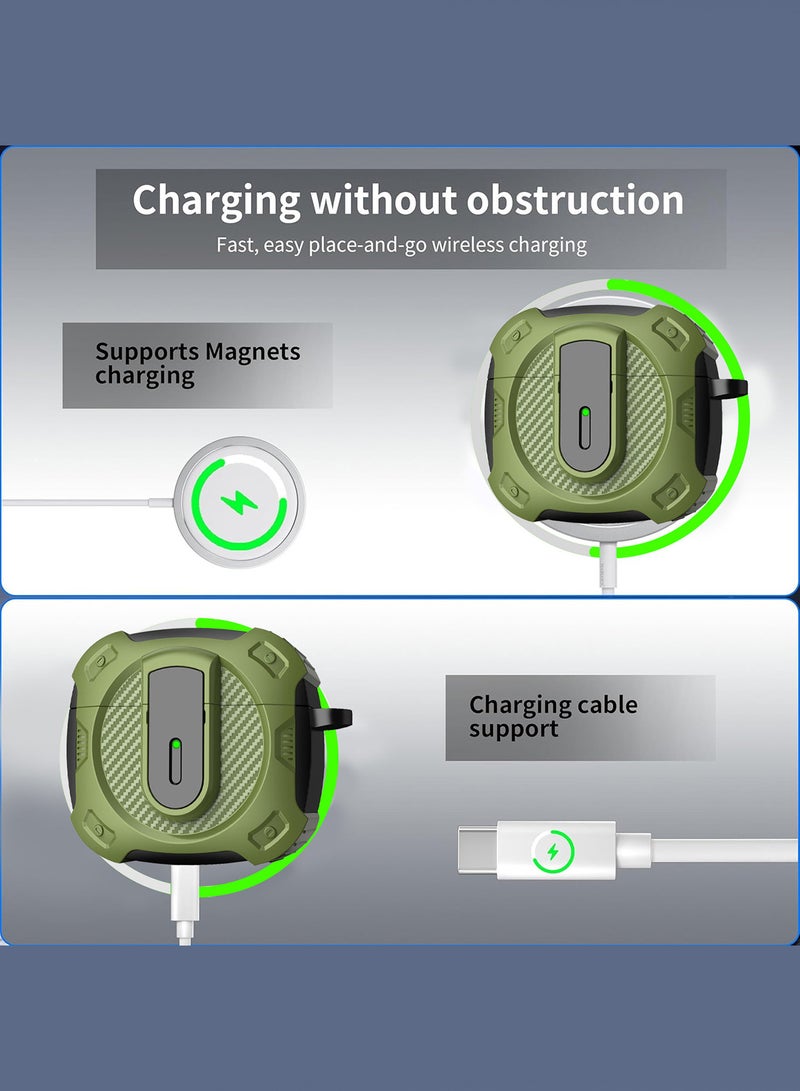 Airpods 4 Case Hard Shell Protective Armor LED Visible Wireless Charging Case Cover with Lock - Olive Green