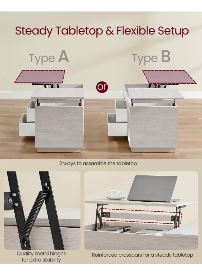 VASAGLE Lift Top Coffee Table with 2 Drawers and Hidden Compartments, Centre Table with Lift Tabletop, Open Compartments, for Living Room, Home Office, Oatmeal Beige Color - Image 5