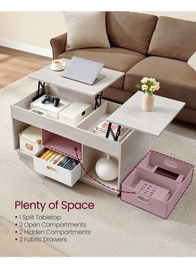 VASAGLE Lift Top Coffee Table with 2 Drawers and Hidden Compartments, Centre Table with Lift Tabletop, Open Compartments, for Living Room, Home Office, Oatmeal Beige Color - Image 4