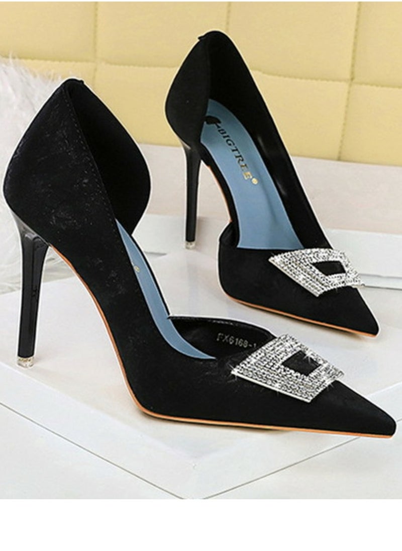 BIGTREE Women's Elegant Satin Closed Pointed Toe High Heels Rhinestone Square Buckle Decoration Stiletto Pumps Black 10.5CM  - Image 2