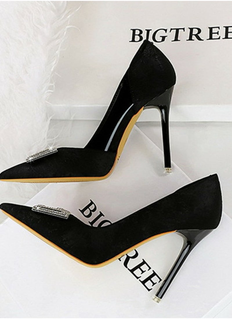 BIGTREE Women's Elegant Satin Closed Pointed Toe High Heels Rhinestone Square Buckle Decoration Stiletto Pumps Black 10.5CM  - Image 3