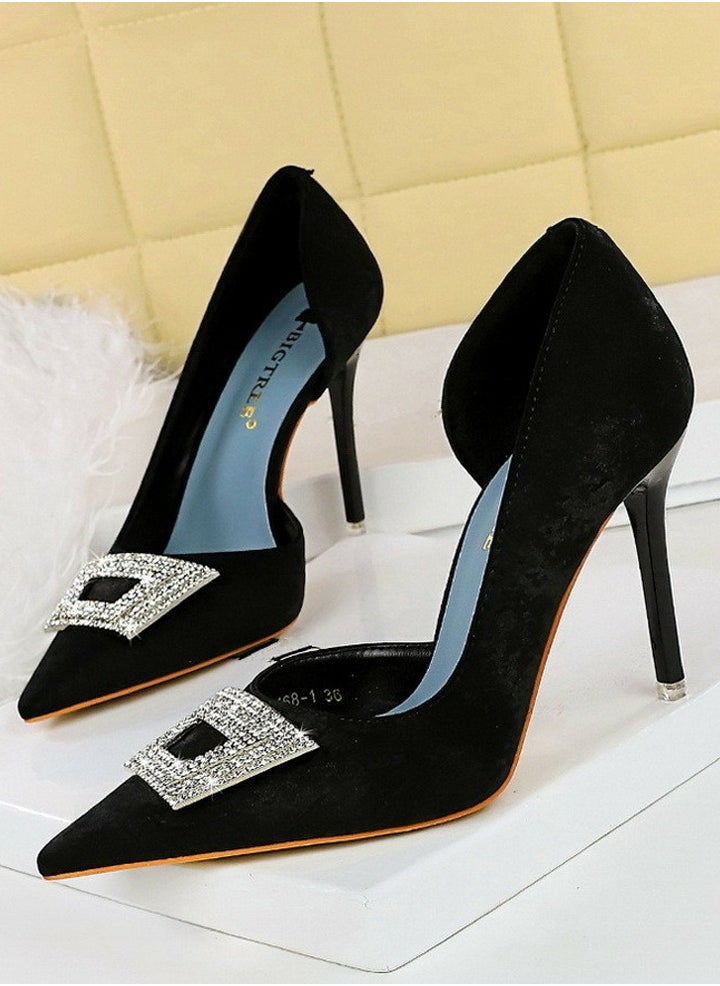 BIGTREE Women's Elegant Satin Closed Pointed Toe High Heels Rhinestone Square Buckle Decoration Stiletto Pumps Black 10.5CM  - Image 1