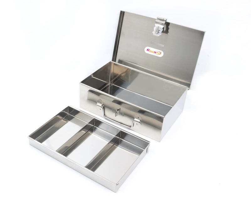 GinoSet® Stainless Steel Storage Boxes, Safe Locker Box, Cash Box for Shop Counter Drawer and Multi Purpose use with 1 Removable Tray (Steel Box with 4 Compartment) - Image 1