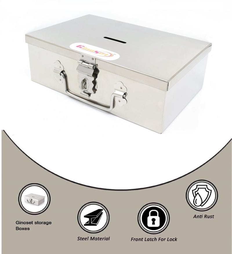 GinoSet® Stainless Steel Storage Boxes, Safe Locker Box, Cash Box for Shop Counter Drawer and Multi Purpose use with 1 Removable Tray (Steel Box with 4 Compartment) - Image 4