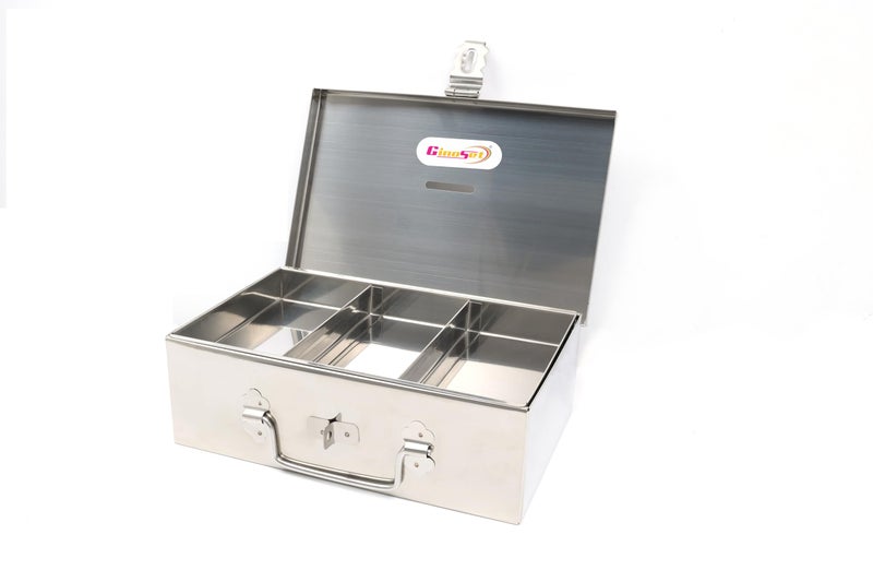 GinoSet® Stainless Steel Storage Boxes, Safe Locker Box, Cash Box for Shop Counter Drawer and Multi Purpose use with 1 Removable Tray (Steel Box with 4 Compartment) - Image 5