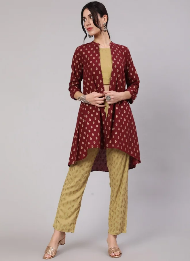 أيه كيه إس Maroon Printed Jacket With Beige Top & Palazzo For Women