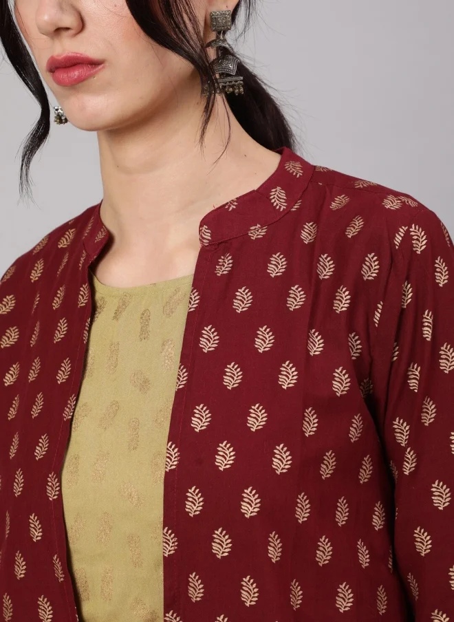 أيه كيه إس Maroon Printed Jacket With Beige Top & Palazzo For Women