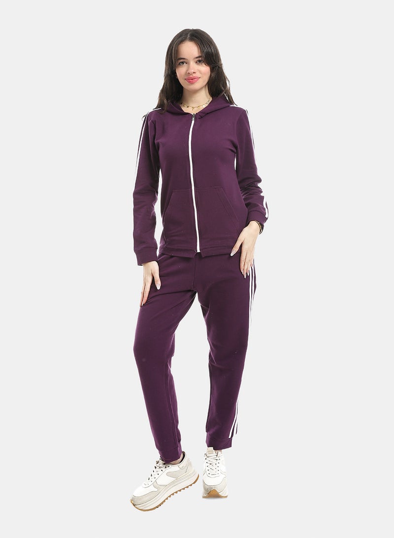 Andora Elastic Waist Zipped Cotton Tracksuit_Purple - Image 1