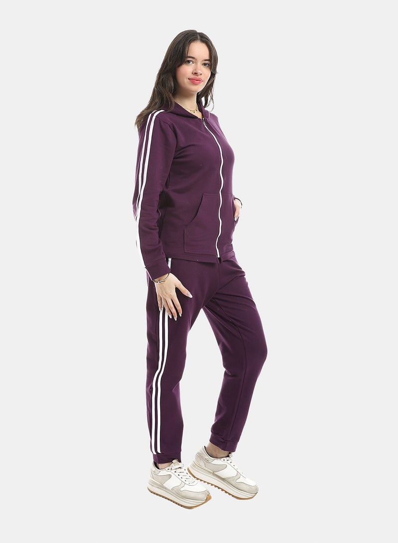 Andora Elastic Waist Zipped Cotton Tracksuit_Purple - Image 2
