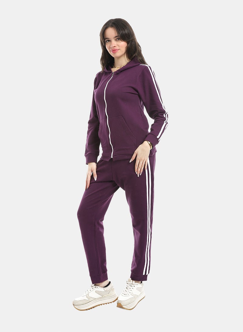 Andora Elastic Waist Zipped Cotton Tracksuit_Purple - Image 5