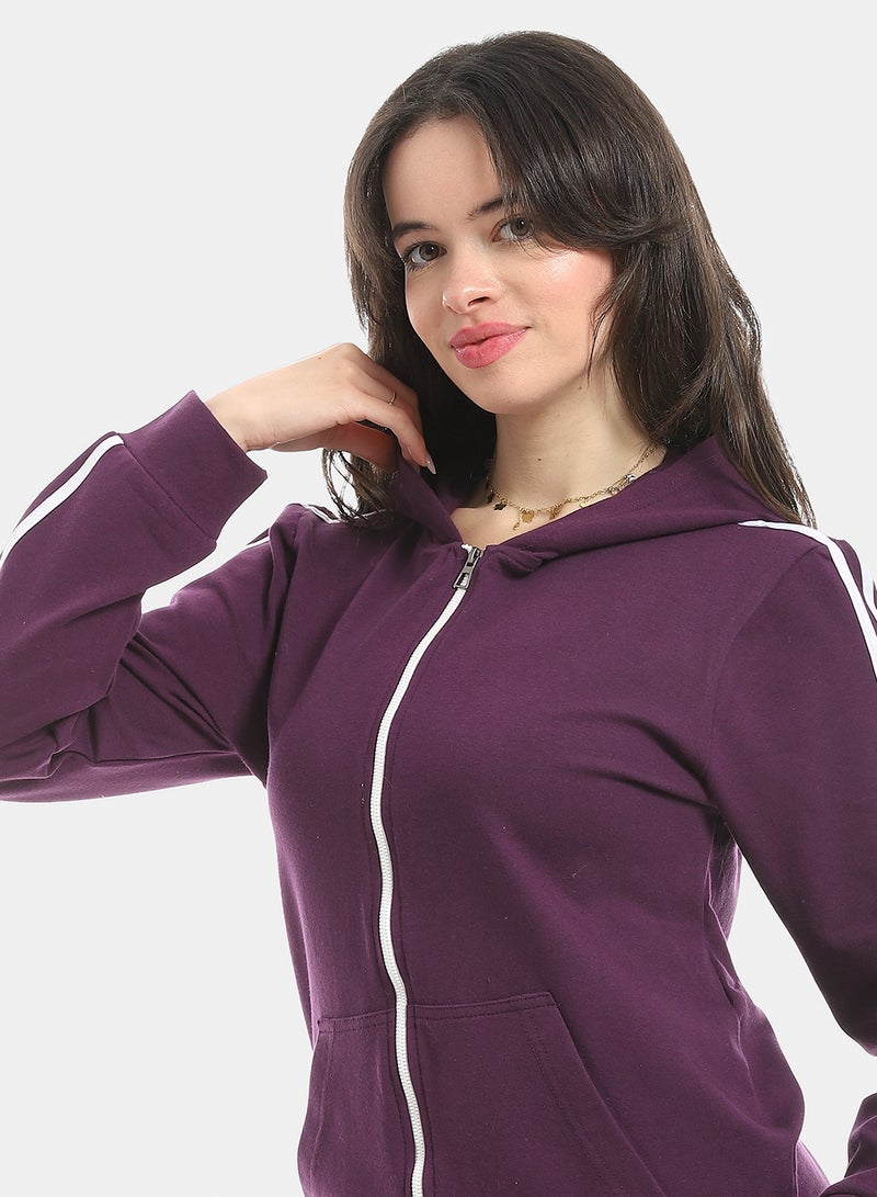 Andora Elastic Waist Zipped Cotton Tracksuit_Purple - Image 4