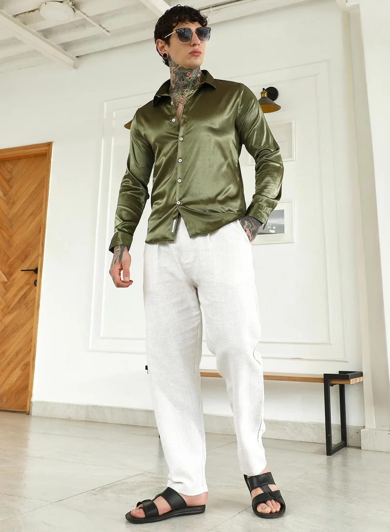 Campus Sutra Men's Olive Green Polyester Slim Fit Shirt