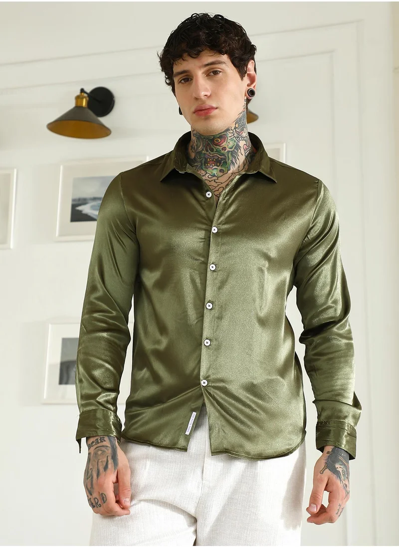 كامبوس سوترا Men's Olive Green Polyester Slim Fit Shirt