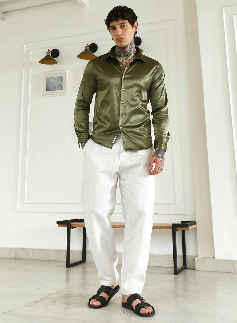 Campus Sutra Men's Olive Green Polyester Slim Fit Shirt