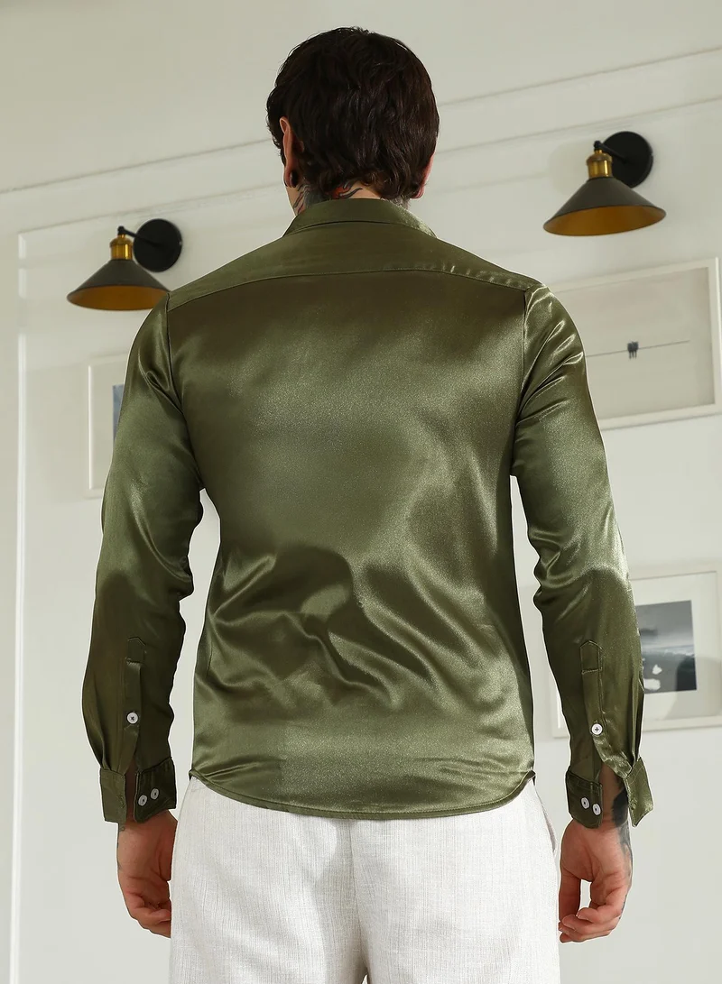 Campus Sutra Men's Olive Green Polyester Slim Fit Shirt