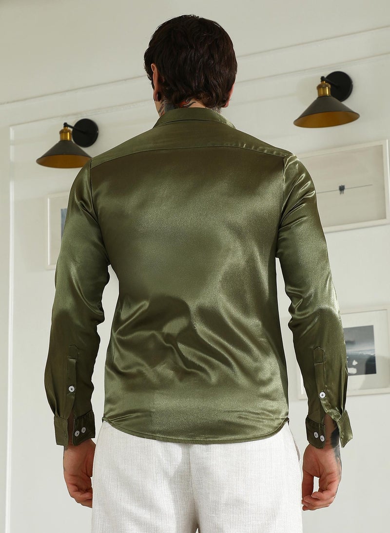 Campus Sutra Men's Olive Green Polyester Slim Fit Shirt - Image 5
