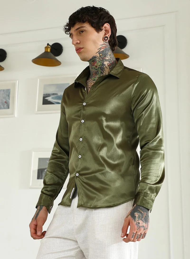 Campus Sutra Men's Olive Green Polyester Slim Fit Shirt
