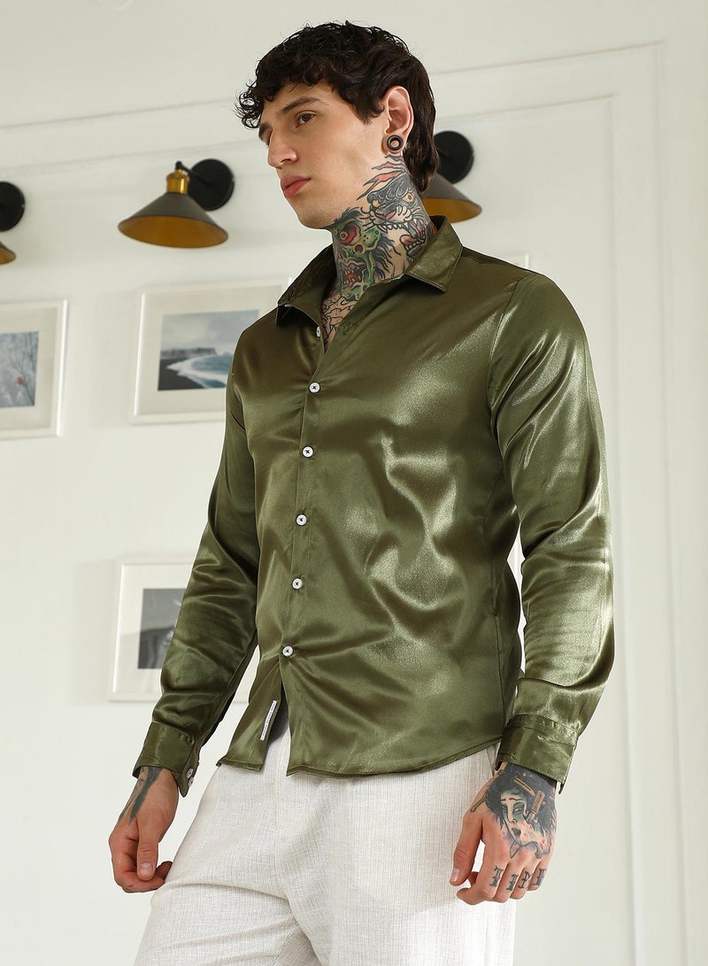 Campus Sutra Men's Olive Green Polyester Slim Fit Shirt - Image 3