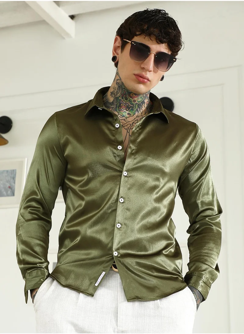 كامبوس سوترا Men's Olive Green Polyester Slim Fit Shirt