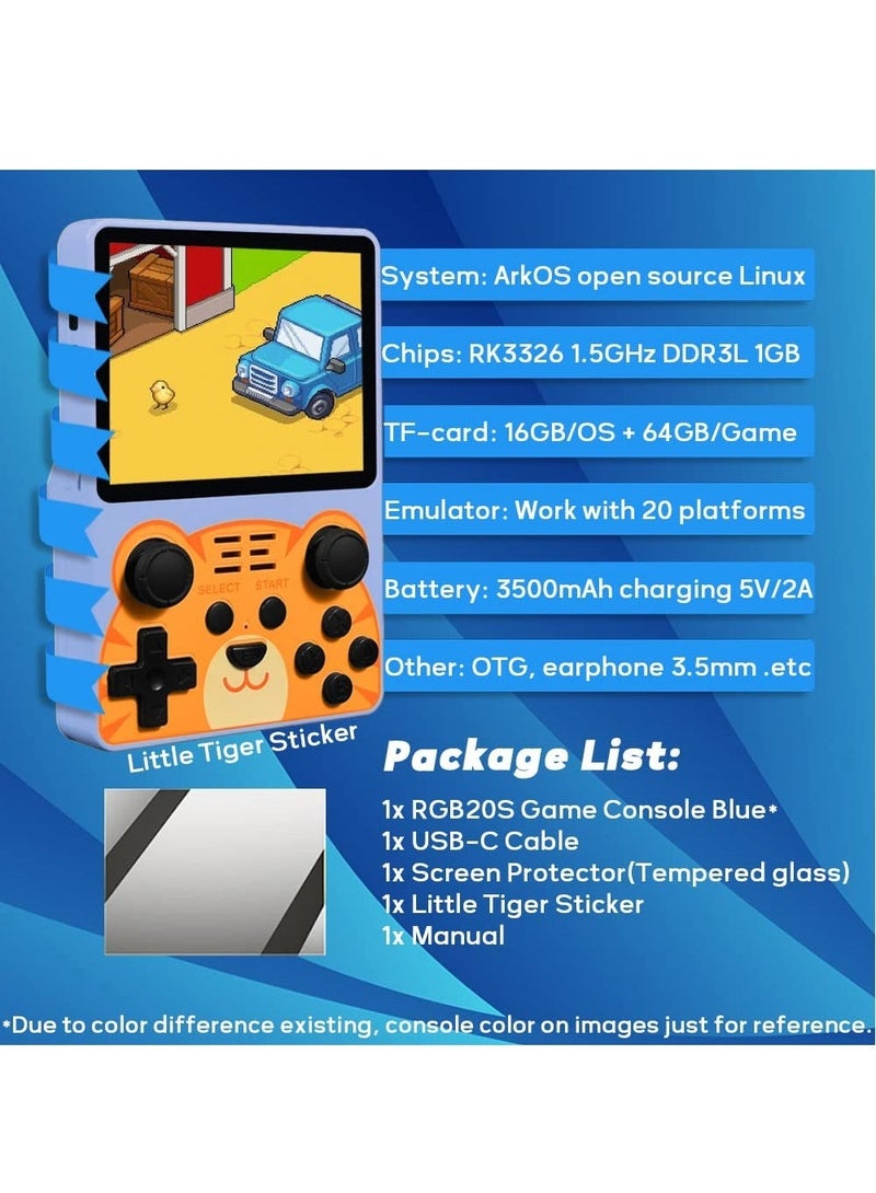 RGB20S Handheld Game Console with Retro Open Source System, Preloaded 15000+ Games, RK3326 3.5-Inch 4:3 IPS Screen for Children's Gifts (Blue)