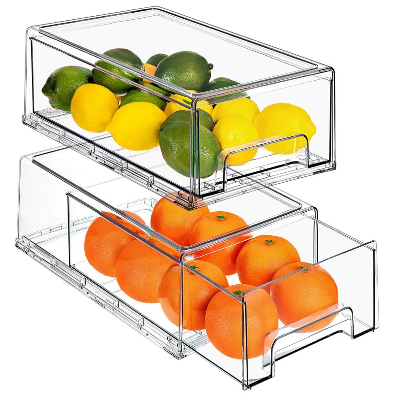 Sorbus Medium Clear Storage Drawers 2 Pack Stackable Organizer Drawers for Fridge Pantry Kitchen PullOut Storage Bins with Handles Slide Out Acrylic Drawers
