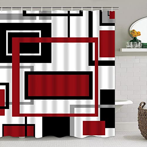 Yddsky 4 Pcs Red Geometric Shower Curtain Sets Non-Slip Rugs Bath Mat, Toilet Cover, U-Shaped Mat, Abstract Geometric Modern Shower Curtain with 12 Hooks, Black and Red Bathroom Set - Image 2