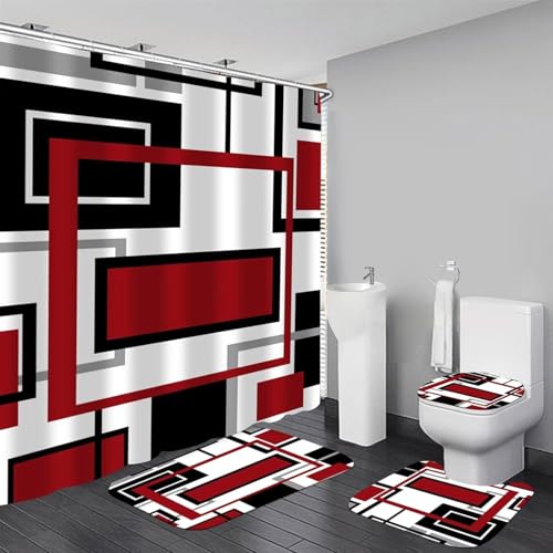 Yddsky 4 Pcs Red Geometric Shower Curtain Sets Non-Slip Rugs Bath Mat, Toilet Cover, U-Shaped Mat, Abstract Geometric Modern Shower Curtain with 12 Hooks, Black and Red Bathroom Set - Image 1