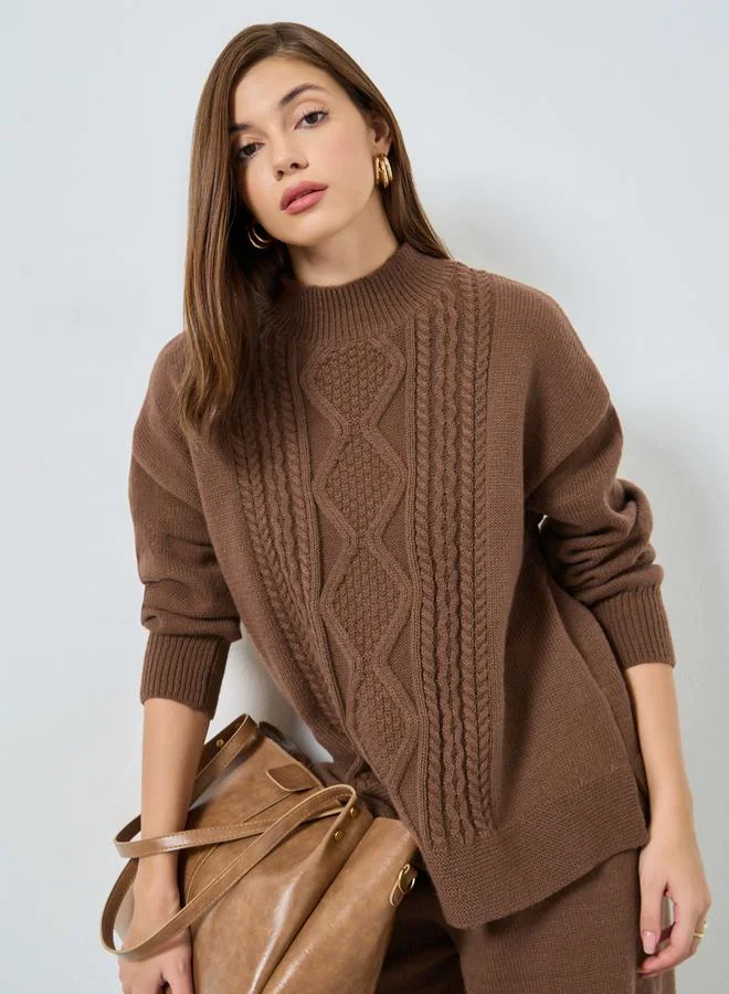 Styli Brown Regular Fit Cable Knit Sweater