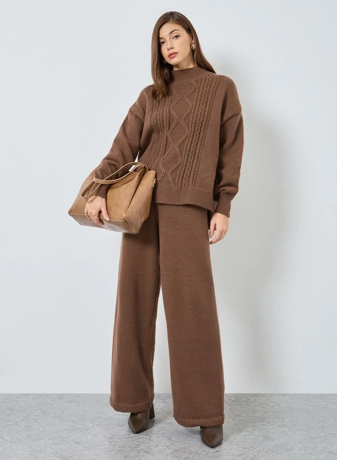 Styli Brown Regular Fit Cable Knit Sweater