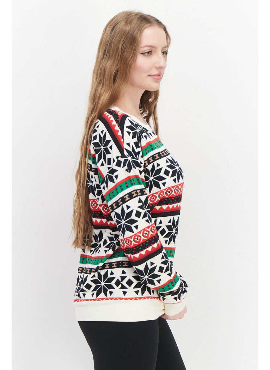 Marc New York Women Crew Neck Long Sleeve Allover Print Sweatshirt, Cream Combo  - Image 2