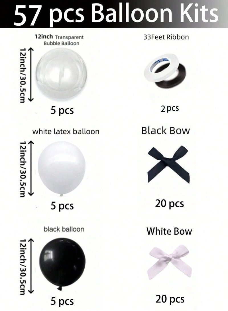 Birthday Decoration Balloon Set – 57 Pieces A set of 57 balloons includes white, black, and transparent balloons, along with 40 black and white bows for decorating the balloons and 2 ribbons. Perfect for birthday parties, engagements, graduations, and all special occasions. - Image 4