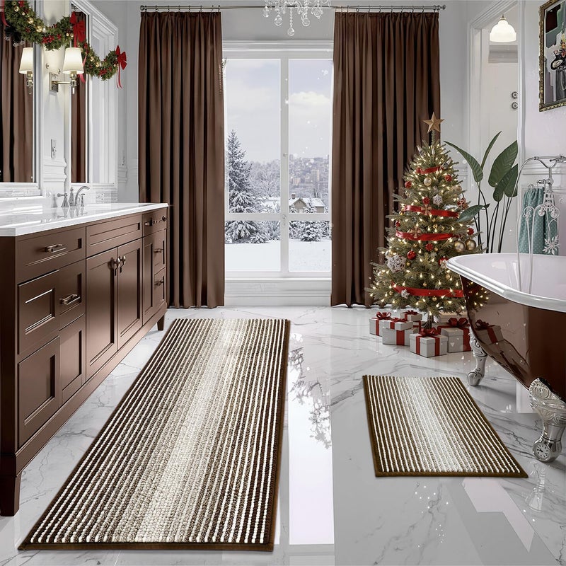 BSICPRO Bathroom Rugs and Mats Sets 2 Piece Thick Absorbent Chenille Bath Mat Rug Set Non Slip Soft Shaggy Bath Room Floor Mats for Bathroom Machine Washable Brown 24 x 70 Plus 20 x 32