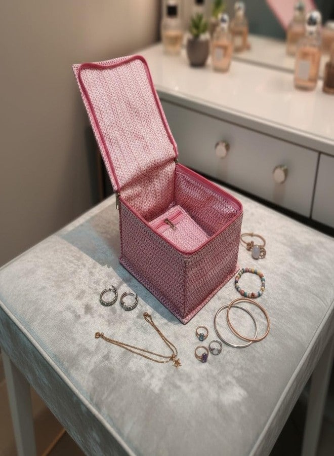 PRISMAXIC Jewelry Organizer Box, Pink Quilted Polyester Storage Case with Multiple Compartments, Traditional Indian Style for Necklace: Earrings: Rings: Bracelet With 10 Transparent Pouches - Image 4