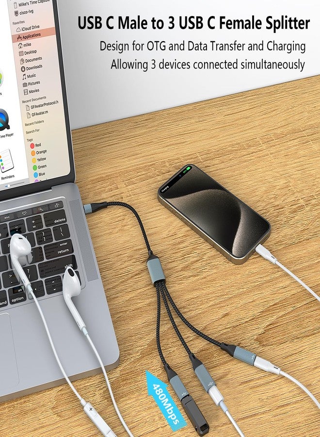 Azddur كابل محول USB C إلى 3 USB C أنثوي موزع سماعات OTG مع نقل البيانات متوافق مع iPad Pro و iPad Air 6/5 و MacBook و iPhone 16/15/15Pro و Galaxy S24/S23 - Image 2