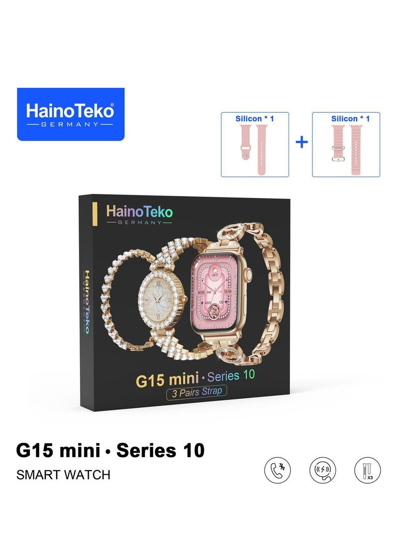 Haino Teko Smart Watch G15 Mini for Women with Bracelet of Golden Embroidered and An Additional Bracelet and Watch and 2 Silicone Strap - Image 1