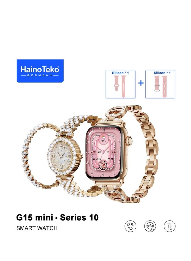 Haino Teko Smart Watch G15 Mini for Women with Bracelet of Golden Embroidered and An Additional Bracelet and Watch and 2 Silicone Strap - Image 2