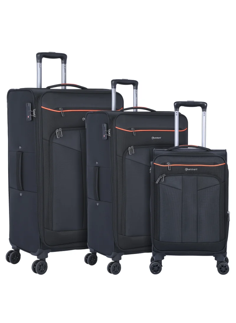 إيمينينت Unisex Soft Travel Bag Trolley Luggage Set of 3 Polyester Lightweight Expandable 4 Double Spinner Wheeled Suitcase with 3 Digit TSA lock E788 Black