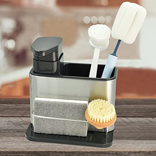WSKC Soap Dispenser with Sponge Holder and Brush Holder, Kitchen Dish Soap Pump Sink Caddy for Countertop, Stainless Steel - Image 4