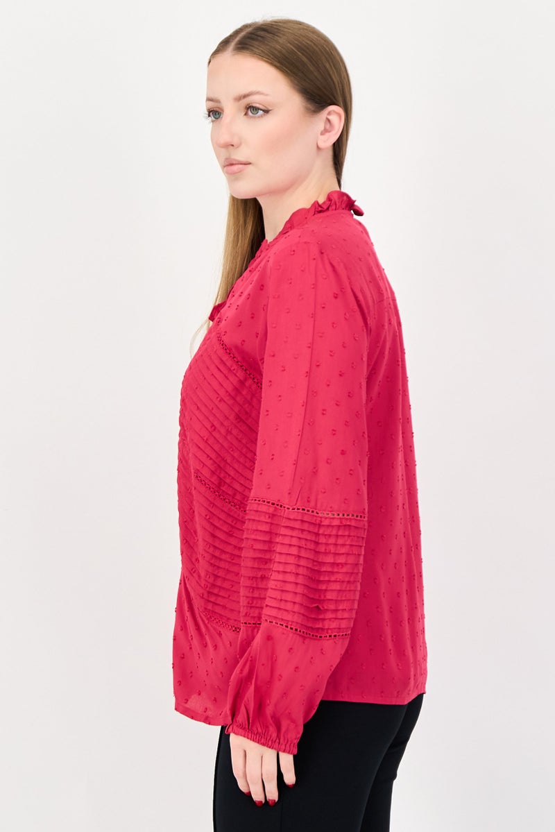 bebe Women Ruffle Neck Long Sleeve Textured Blouses, Fuchsia - Image 2