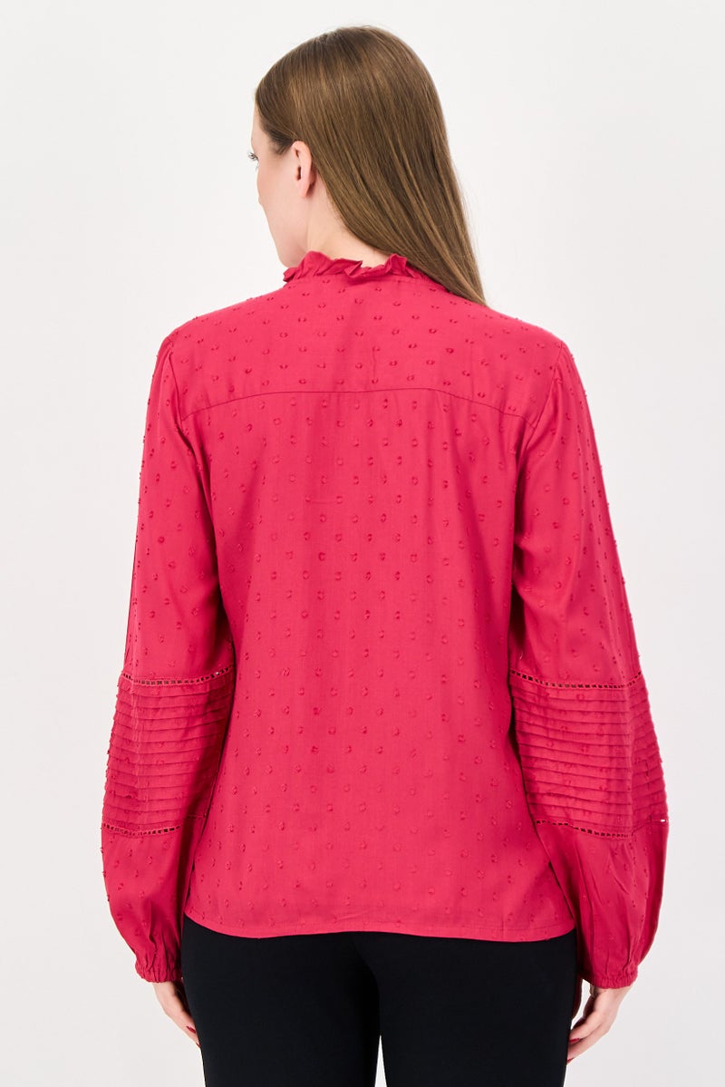 bebe Women Ruffle Neck Long Sleeve Textured Blouses, Fuchsia - Image 3