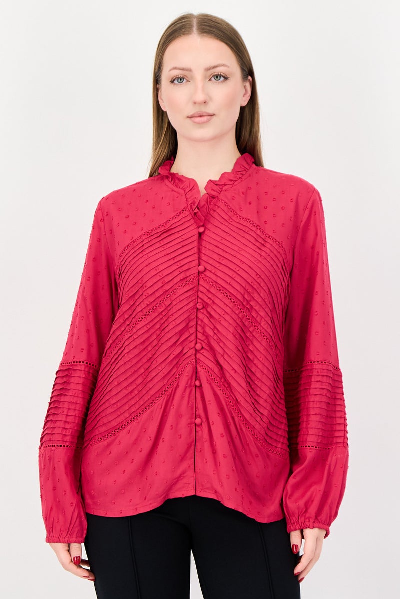 bebe Women Ruffle Neck Long Sleeve Textured Blouses, Fuchsia - Image 1