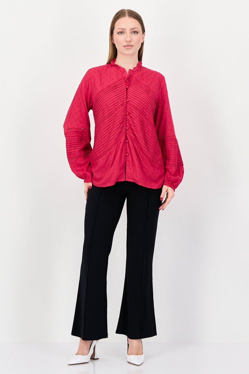 bebe Women Ruffle Neck Long Sleeve Textured Blouses, Fuchsia - Image 4