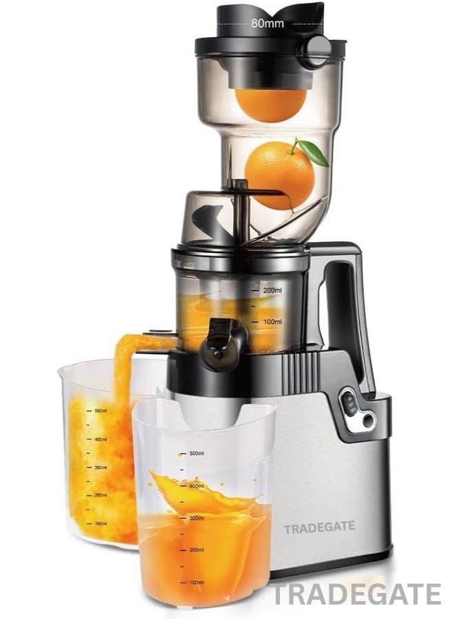 TRADEGATE Slow Juicer, 250W, 80mm Wide Feed Chute, Stainless Steel, Multi-Purpose Juice Extractor with 200ml Capacity - Image 1