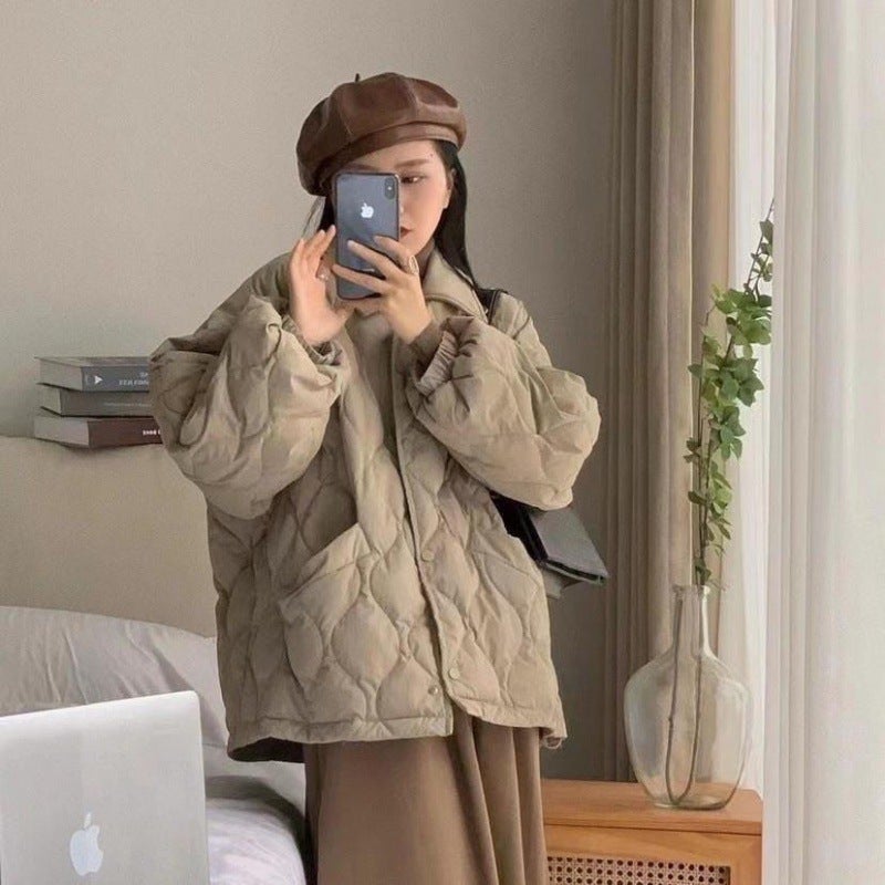 Womens Thickened Cotton Jacket Loose Casual Style Winter Outerwear Purple Lotus Seed Design City Commute Fashion 2023 Khakis (without drawstring) 