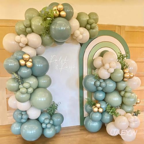 UAEYW Dusty Green Blue Balloon Garland Arch Kit136Pcs Ash Mist Green Haze Fog Blue Sand White Gold Balloons for Neutral Boho Baby Bridal Shower Wedding Birthday Party Decorations - Image 1