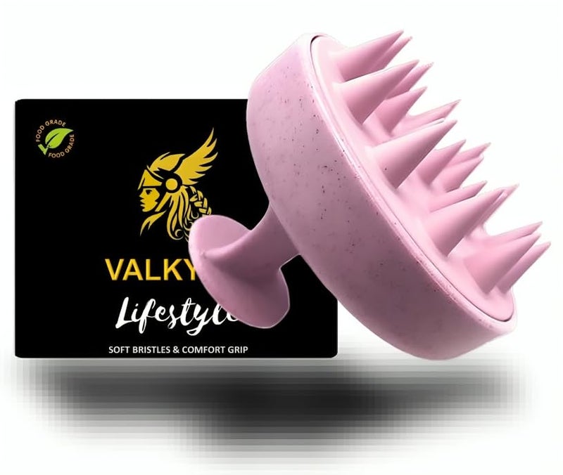 Valkyrie Manual Scalp Massager Shampoo Brush,Eco-Friendly Wheat Straw Body With Soft Silicon Bristles, Exfoliator|Dandruff Removal,Prevents Hair Loss For unisex|Pink (Jp-35) - Image 1