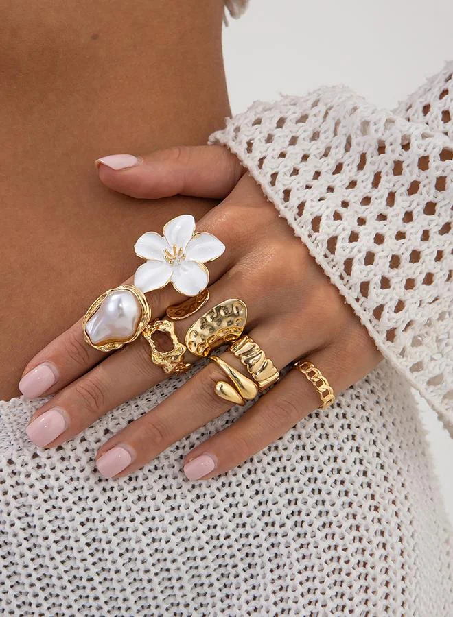 Take Two Pack of 7 - Gold Tone Pearls Embellished Rings