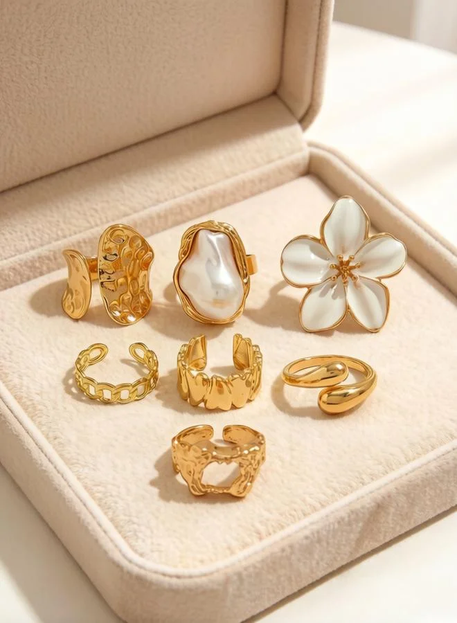 Take Two Pack of 7 - Gold Tone Pearls Embellished Rings