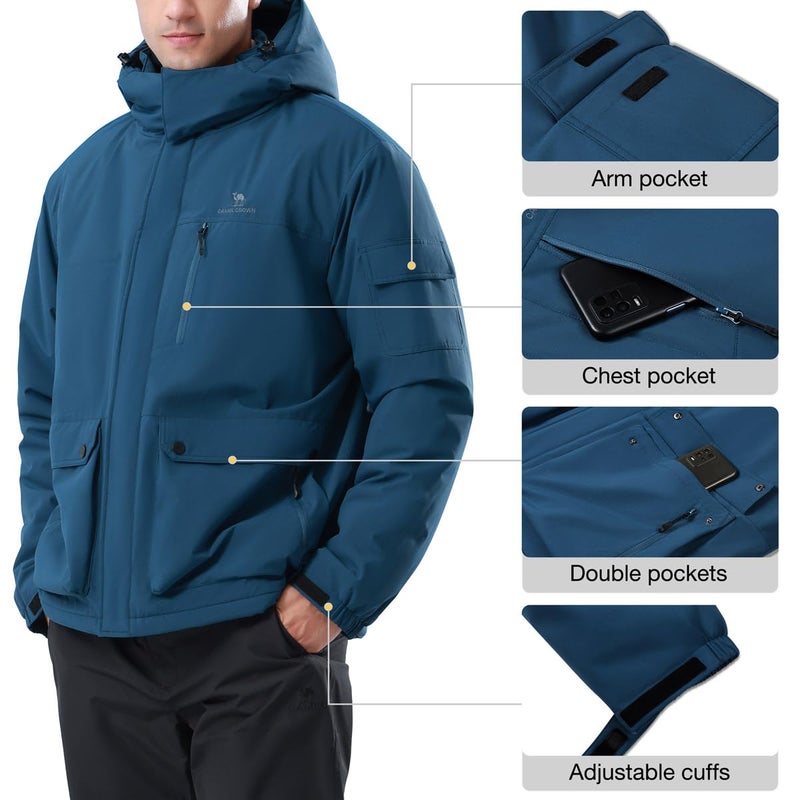 CAMEL CROWN Men's Waterproof Ski Jackets Winter Coats Snow Jacket Adjustable Fleece Windbreaker Windproof Outdoor Hiking Rain Jackets with Hooded Blue 2XL - Image 2